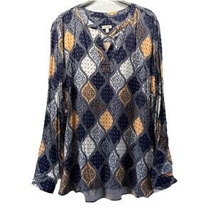 Talbots Women's Tunic Top Sz Large Blue Paisley Long Roll Tab Sleeve Back Pleat